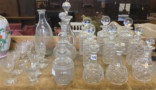 Collection of hobnail cut tantalus, decanters & others etc